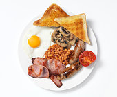 Overhead view of breakfast with meat, beans, eggs and toast