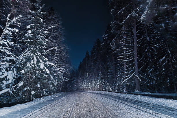 istock View of snowy forest road at night. 1845966294