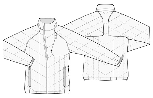 This vector illustration provides a technical fashion illustration of a quilted padded jacket, offering detailed views from the front, side, and back. The design template includes features such as an angled zip closure at the front and side hand warmer pockets, showcasing the practical and aesthetic elements of the jacket. The quilted pattern, typical of rider jackets for insulation and protection, is accurately depicted to highlight the garment's functionality in providing warmth. This technical drawing is rendered with precision, focusing on the construction details and silhouette to serve as an invaluable resource for fashion designers and manufacturers. The neutral tone of the illustration ensures clear visibility of all design elements, making it suitable for use in product development, catalog creation, and marketing materials. This comprehensive template aims to facilitate the design process and promotion of quilted jackets within the fashion industry.