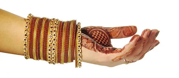 Beautiful henna and bangles - Indian Bride's hand - floral design on hand. White Background not edited. Produced with studio flash light.