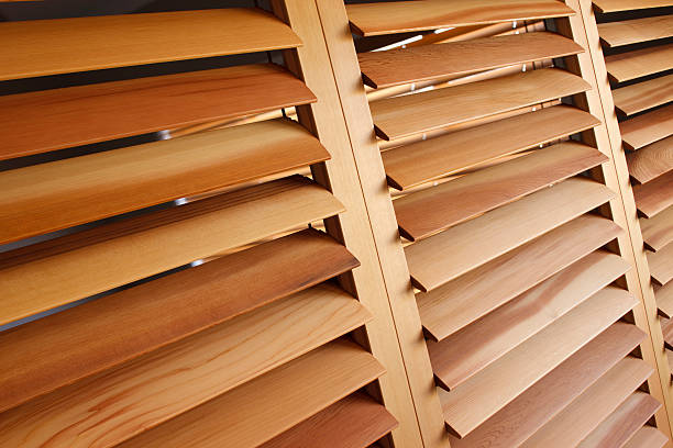 Western Red Cedar Plantation Shutters (Open) Western Red Cedar Plantation Shutters in the open position. window blinds photos stock pictures, royalty-free photos & images