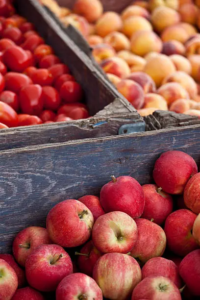 Crates of apples, peaches, and tomoatoes at a fruitstand. Colour image. vertical. Vibrant. Close-up of red and orange fruit at an outdoor farmer's market with organic produce. Rustic wooden crates are holding the fruit. Image taken in Creston, British Columbia, Canada - a rich agricultural area with a moderate climate. 