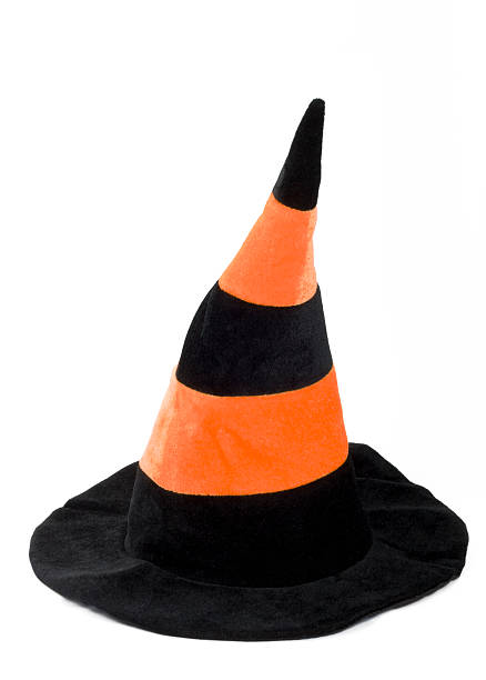 Black and orange witch hat isolated on a white background  black and orange witch halloween hat witchs hat stock pictures, royalty-free photos & images
