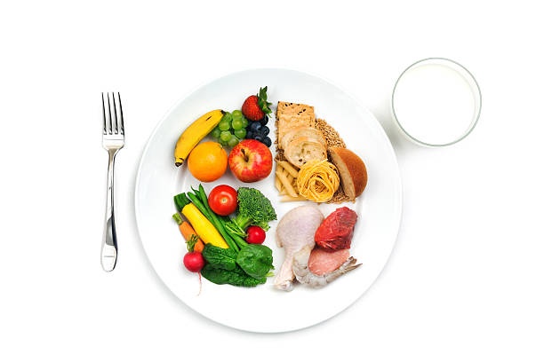 The USDA “ChooseMyPlate” basic food group for healthy diet, with a plate of food choices including grains, protein, vegetables, fruits and dairy. This plate pie chart concept replaces the former food pyramid recommendaton for guidance on the amount of milk, bread, pasta, chicken and other foods advised for balanced meals.