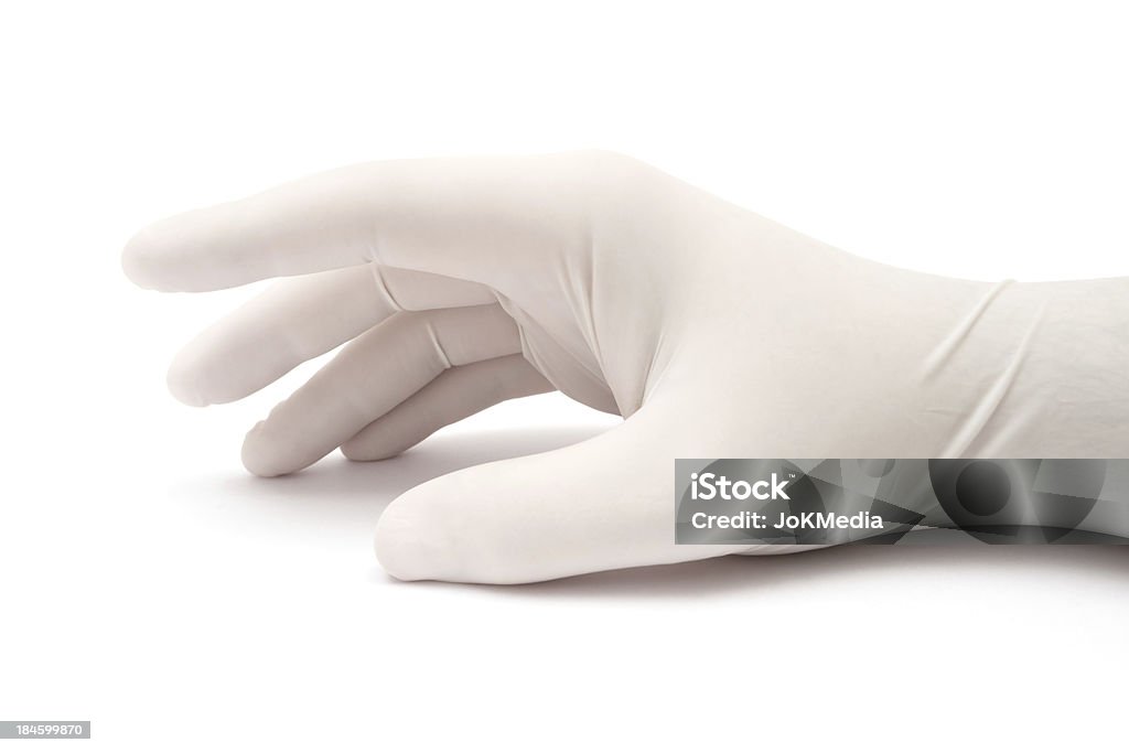 Doctor is Waiting Person wearing surgical gloves is waiting. Isolated on a white background. Glove Stock Photo