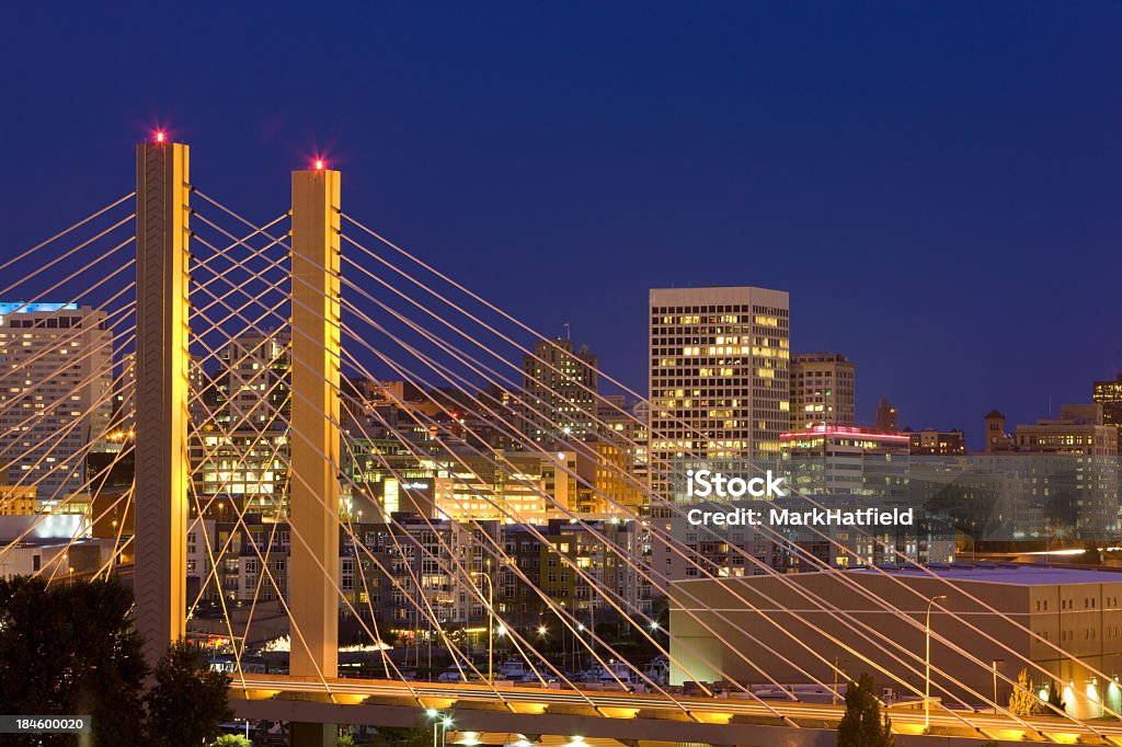 Nighttime skyline bridge view on Tacoma, Washington Bridge in Tacoma Washington at Night with Skyline Tacoma Stock Photo