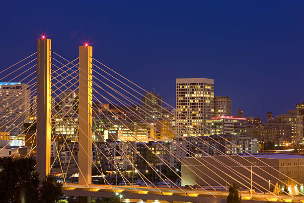 Nighttime skyline bridge view on Tacoma, Washington Bridge in Tacoma Washington at Night with Skyline tacoma stock pictures, royalty-free photos & images