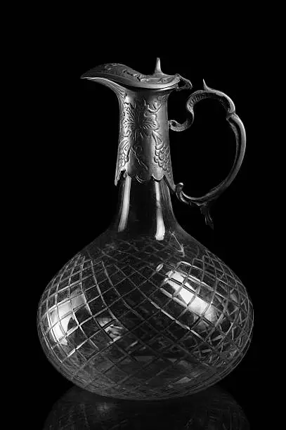 B&W image of antique crystal wine carafe.related images