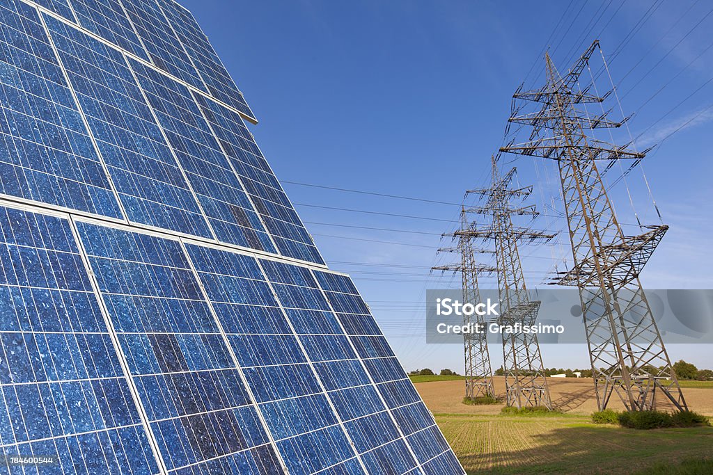 Solar panel with power poles  Cable Stock Photo