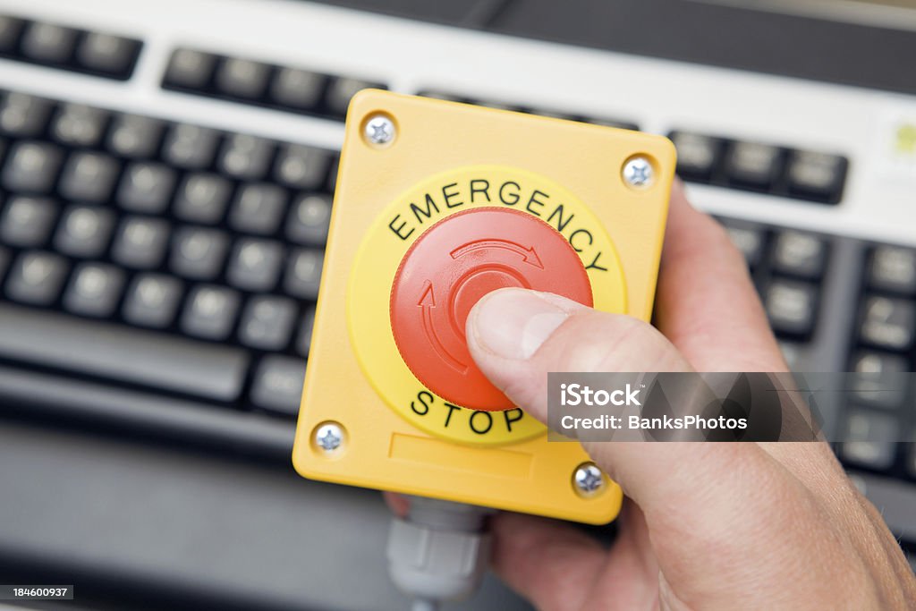 Computer Stop Button Finger On Emergency Stop Button Above Computer Keyboard Stock Photo ...