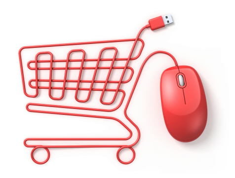 3d-rendered online shopping or e-commerce concept with a mouse cable forming the shape of a shopping trolley. Isolated on a white background.