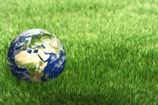 World globe laying on a grass. Concept image.