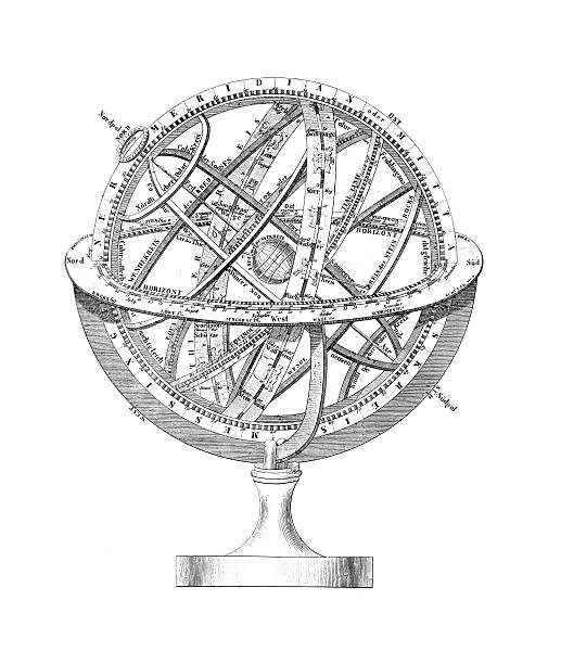 illustrazioni stock, clip art, cartoni animati e icone di tendenza di sfera armillare: un piano di terra e le stelle - compass exploration map globe