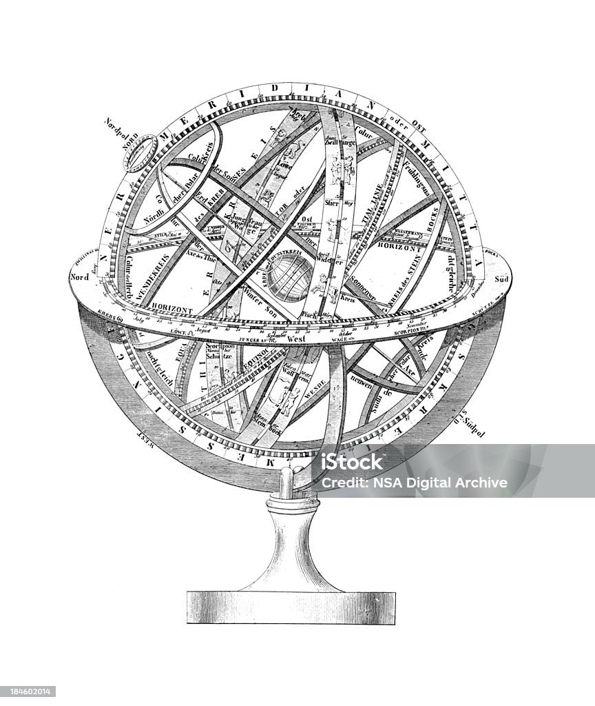 Esfera Armilar: Um regime de terra e as estrelas - Ilustração de Gravura royalty-free