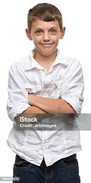 Content Boy Crosses Arms Stock Photo - Download Image Now - 2010-2019, 8-9 Years, Arms Crossed