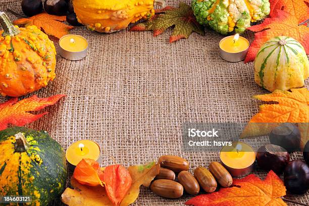 Frame Of Pumpkins Acron Leaf Tea Light And Copy Space Stock Photo - Download Image Now