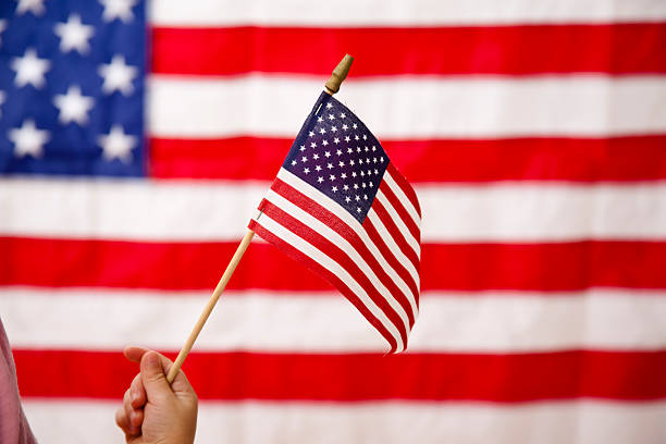 Child waving USA flag with larger USA flag in background.  MORE LIKE THIS... in lightboxes below.
