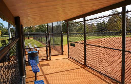 Inside a baseball field dugout