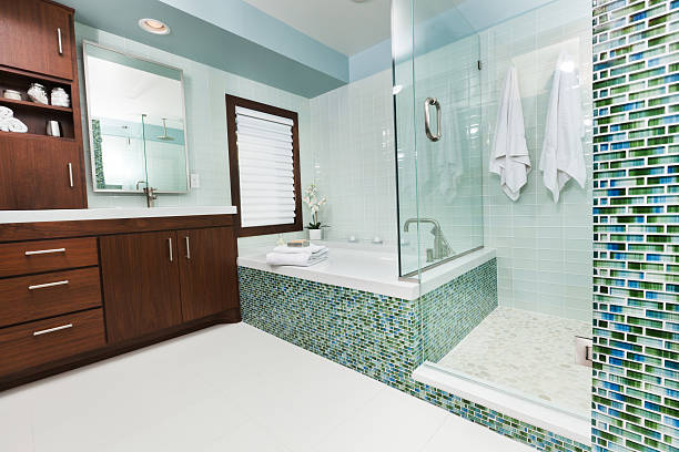 モダンなバスルームには、ガラス張りのシャワー - bathroom shower glass contemporary ストックフォトと画像