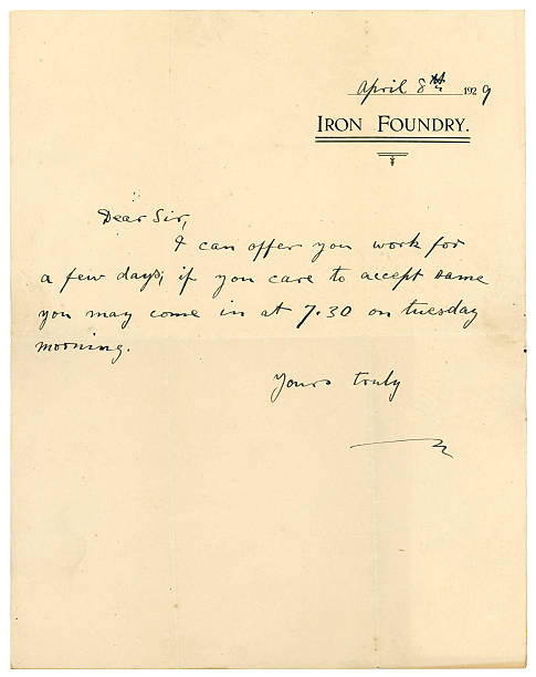 Letter offering work at an iron foundry, 1929 A letter, dated 1929, offering a man a few days' work at an iron foundry. As this was at the start of the Great Depression, no doubt the man was very grateful. Identifying details removed. 1920 1929 stock pictures, royalty-free photos & images