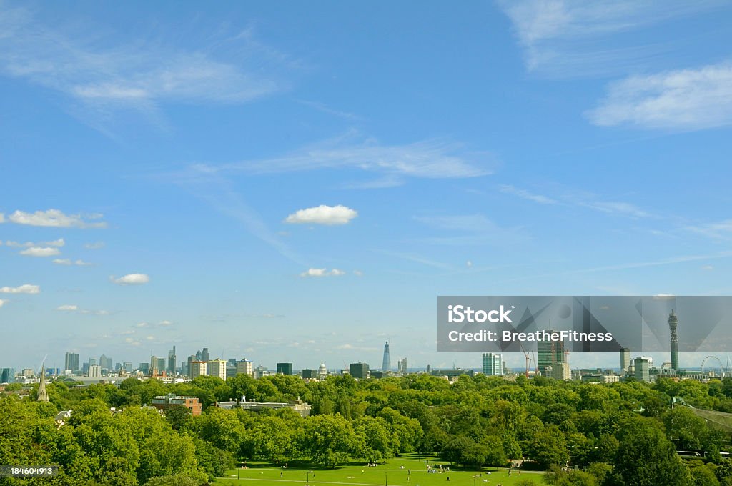 A zoomed out view of London's cityscape A beautiful view across London as seen from the top of Primrose Hill park in the capital. Primrose Hill Stock Photo