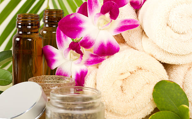 istock Spa treatments products with flowers 184605988