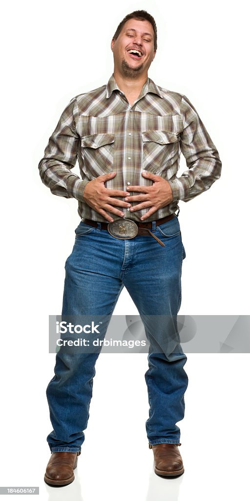 Soddisfatto uomo che tiene stomaco - Foto stock royalty-free di Uomini