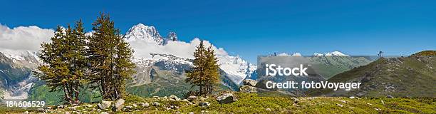 Mont Blanc Neve Panorama Alpino Di Francia Vertici - Fotografie stock e altre immagini di Aiguille du Dru - Aiguille du Dru, Albero, Alpi