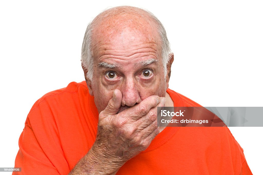 Shocked Senior Man Portrait of a senior man on a white background. http://s3.amazonaws.com/drbimages/m/rl.jpg Hands Covering Mouth Stock Photo