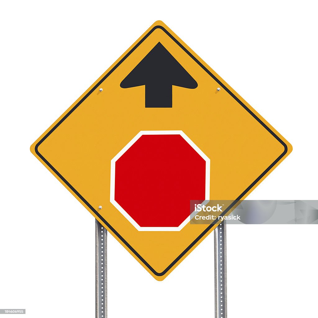 Stop Ahead Road Sign Isolated Conceptual road sign indicating a stopping point ahead - a clipping path is included to separate sign from bkg. Ahead Only Sign Stock Photo