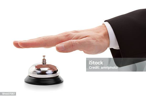 Reception Bell With Hand Isolated On White Stock Photo - Download Image Now - Assistance, Bell, Business