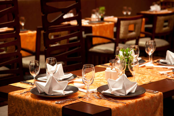 istock Luxury restaurant with wine glasses and table set up 184607211