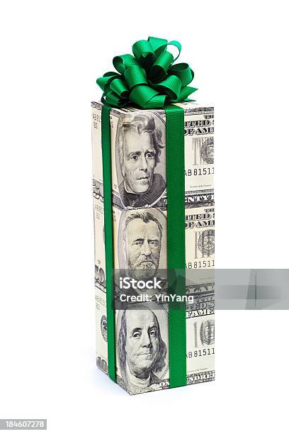 Money Gift Of Dollar Bill With Green Bow On White Stock Photo - Download Image Now - Bonus Pay, American Fifty Dollar Bill, American One Hundred Dollar Bill