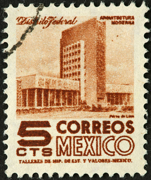 istock modern highrise on an old Mexican postage stamp 184608379