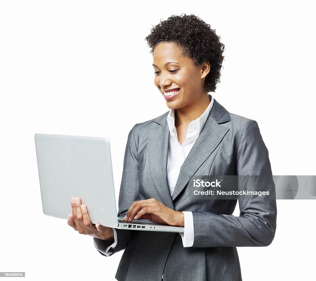 Atrakcyjny, uśmiechnięta bizneswoman gospodarstwa laptopa-izolowano - Zbiór zdjęć royalty-free (Laptop)
