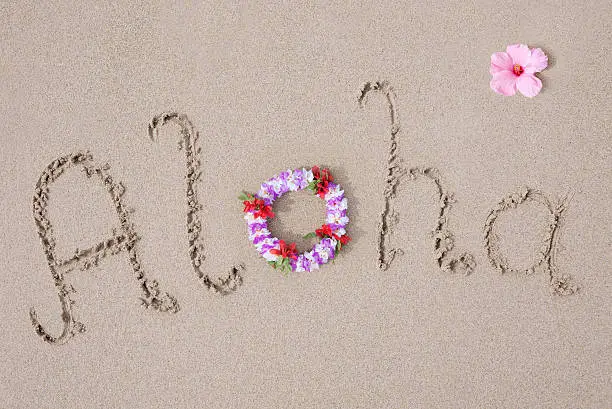 Aloha written in the Beach Sand with a typical hawaiian lei. Nikon D3X. Converted from RAW.