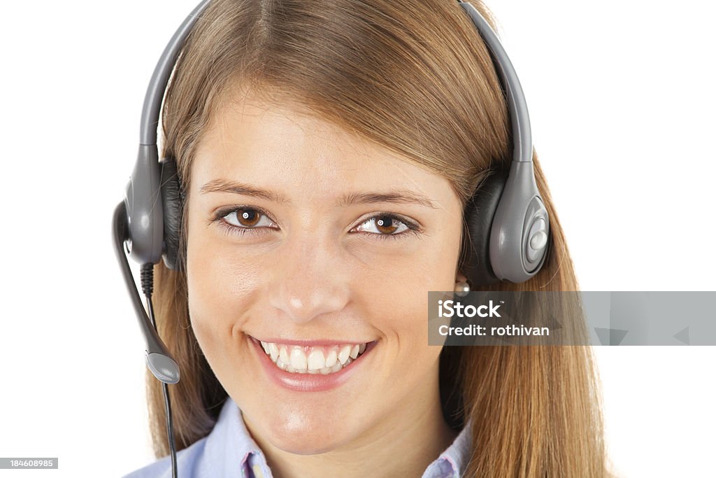 Garota bonita com fone de ouvido - Foto de stock de Agente de atendimento ao cliente royalty-free