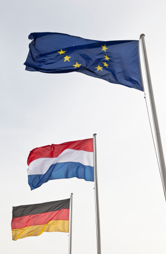 German, Dutch and European Union Flags