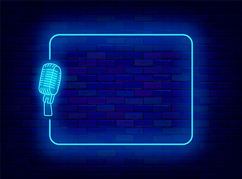 Talk show neon announcement. Live streaming event. Microphone and empty blue frame. Podcast online. Shiny banner for stand up performance. Copy space. Editable stroke. Vector stock illustration