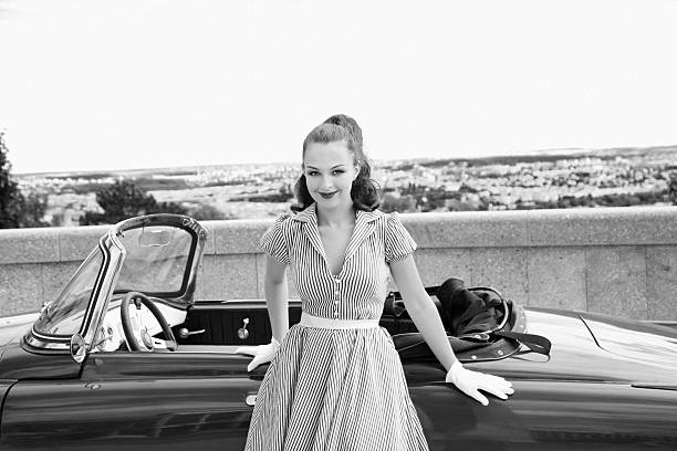 Pin Up.Wait! Emulations of vintage style photography. pin up girls and cars stock pictures, royalty-free photos & images