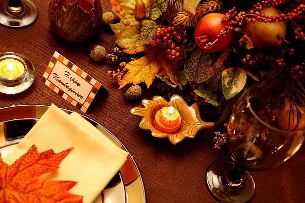 istock Holiday: Thanksgiving Table setting with autumn leaves, candles 184609377