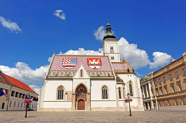 Church in Zagreb with national symbol on the roof. On the left and right side are government buildings and Parliament.