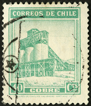 copper mining operations on an old Chilean stamp