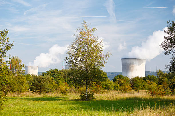 central nuclear que muestran en verde paisaje - tihange fotografías e imágenes de stock