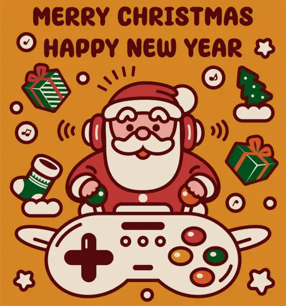 Vector illustration of Adorable Santa Claus wearing headphones and flying a plane made out of a game controller wishes you a Merry Christmas and a Happy New Year