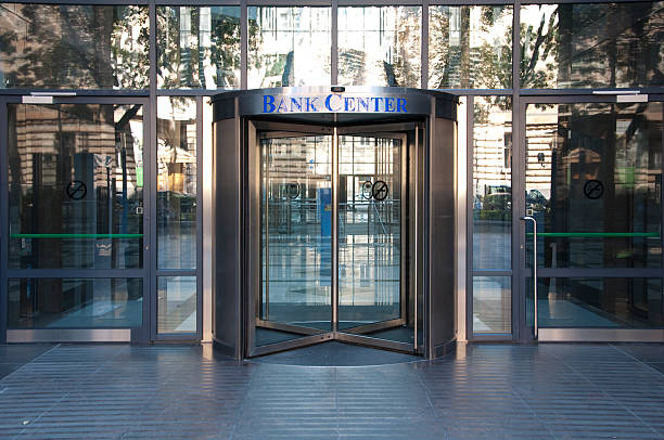 Bank center entrance stock photo
