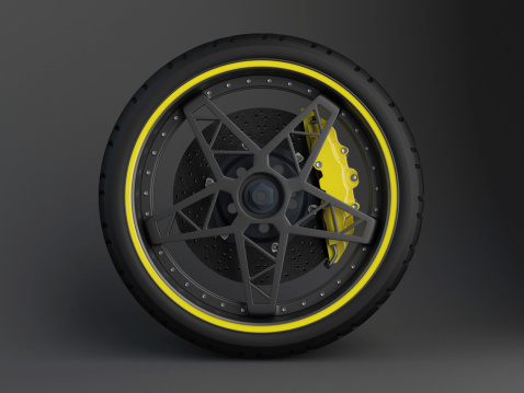 CGI Image showing a modern ceramic brake system with a sportive rim. The parts are without any brands or logo. 3D and design and made by myself.