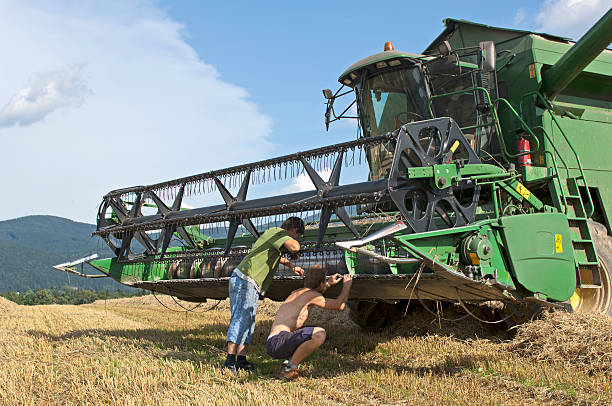 istock Workers repair harvester on field. 184612317