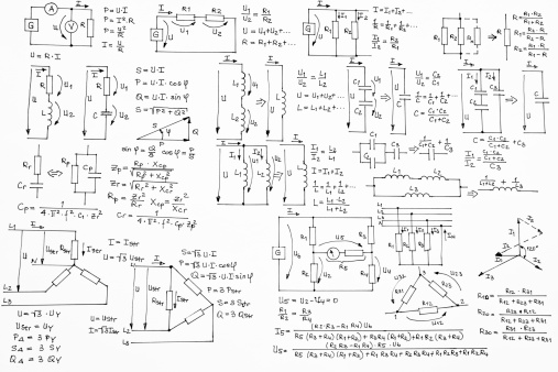 background with hand written electrotechnics formulas with diagrams and plans of basic electrotechnics setups and sketches on white paper background, 