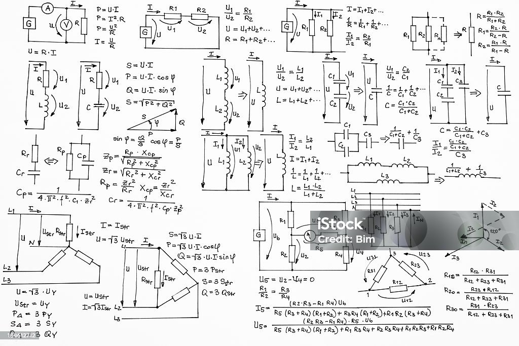 Hand Written Formulas of Electrotechnics and Electronics on White Background background with hand written electrotechnics formulas with diagrams and plans of basic electrotechnics setups and sketches on white paper background,  Diagram Stock Photo